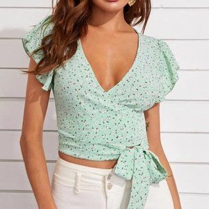 Adorable Green Floral Print Flutter Sleeve Wrap Top